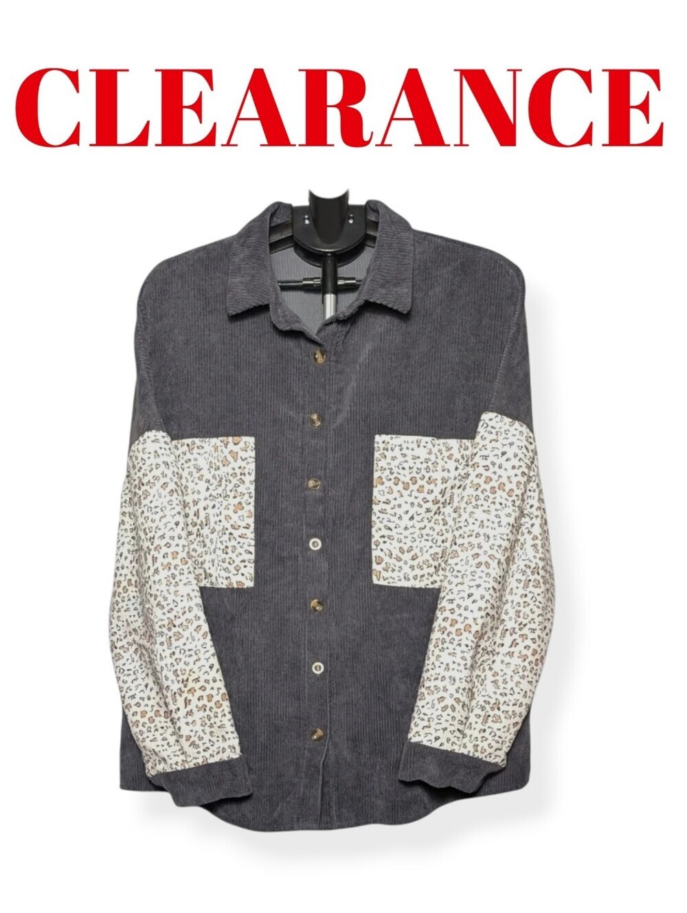 Corduroy Shirt Shacket Leopard Patch 2X Gray Oversized Button Up Colorblock Boho